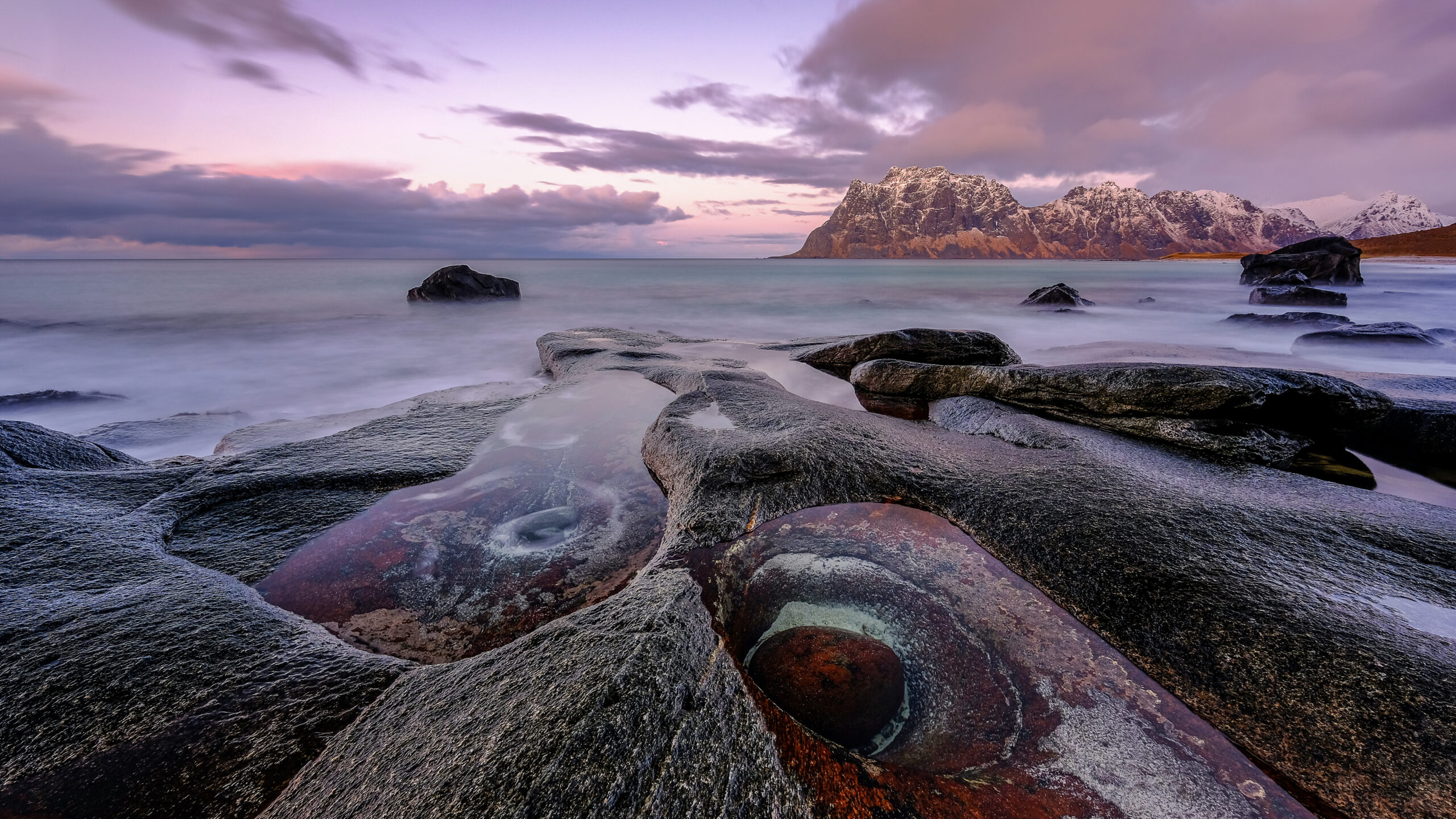 The Dragon's Eye rock formation at Uttakleiv Beach, Norway