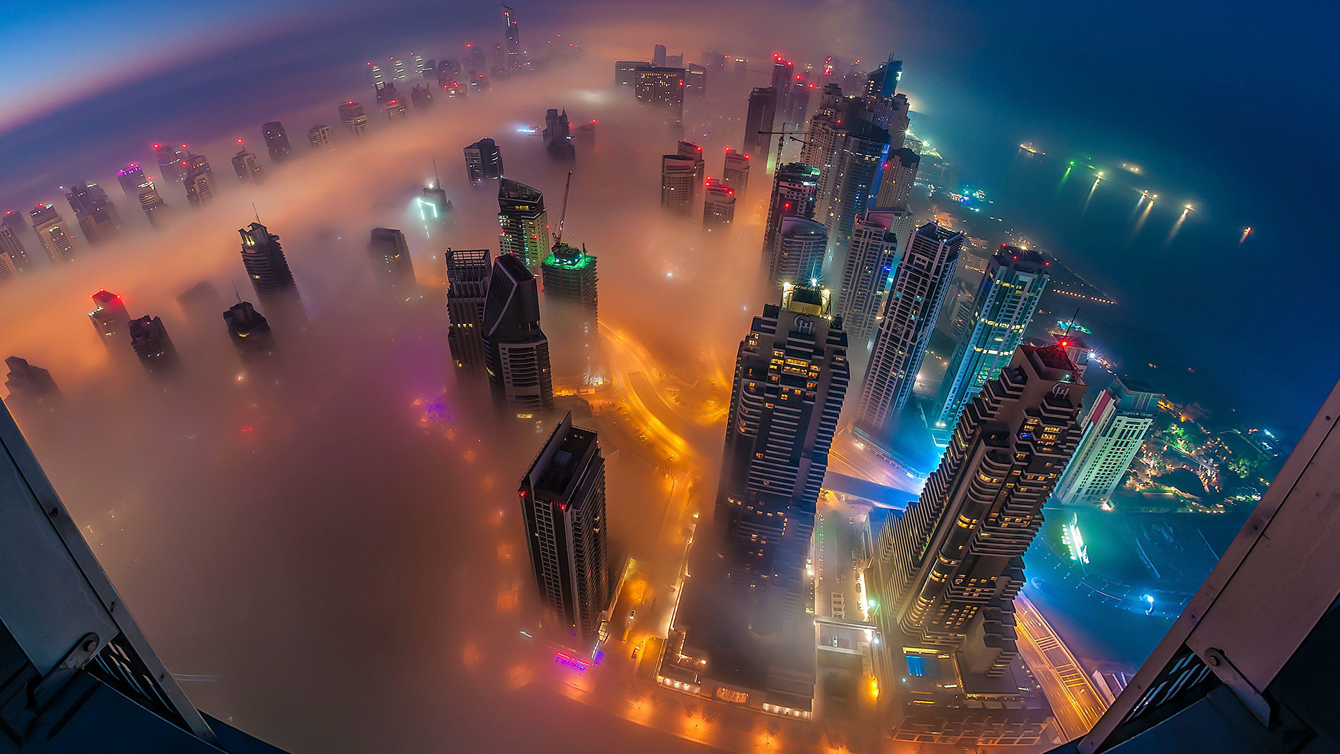 Fog season in Dubai, Dubai Marina view from Cayan Tower, UAE