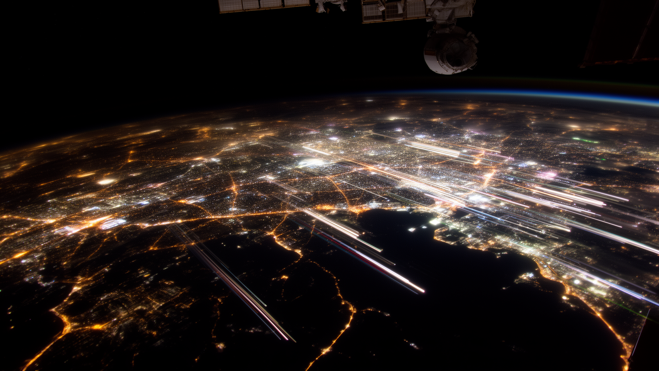 City lights streak below, taken from the International Space Station