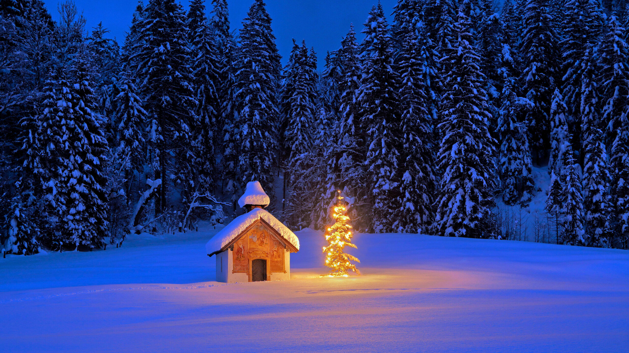 Snowy chapel with Christmas tree in the Bavarian Alps, Germany