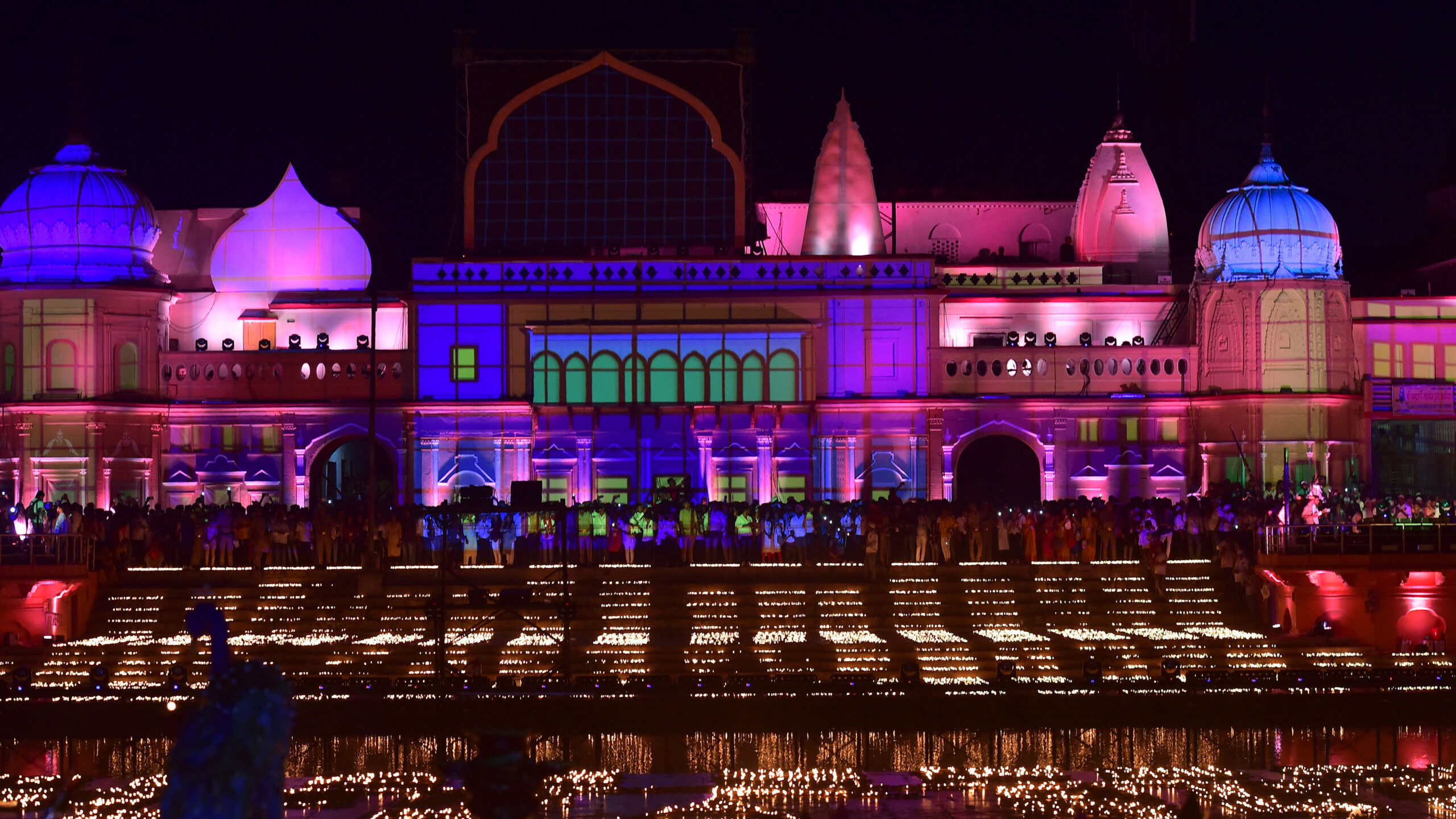 Lamps on the banks of the Sarayu River for Diwali, Ayodhya, India
