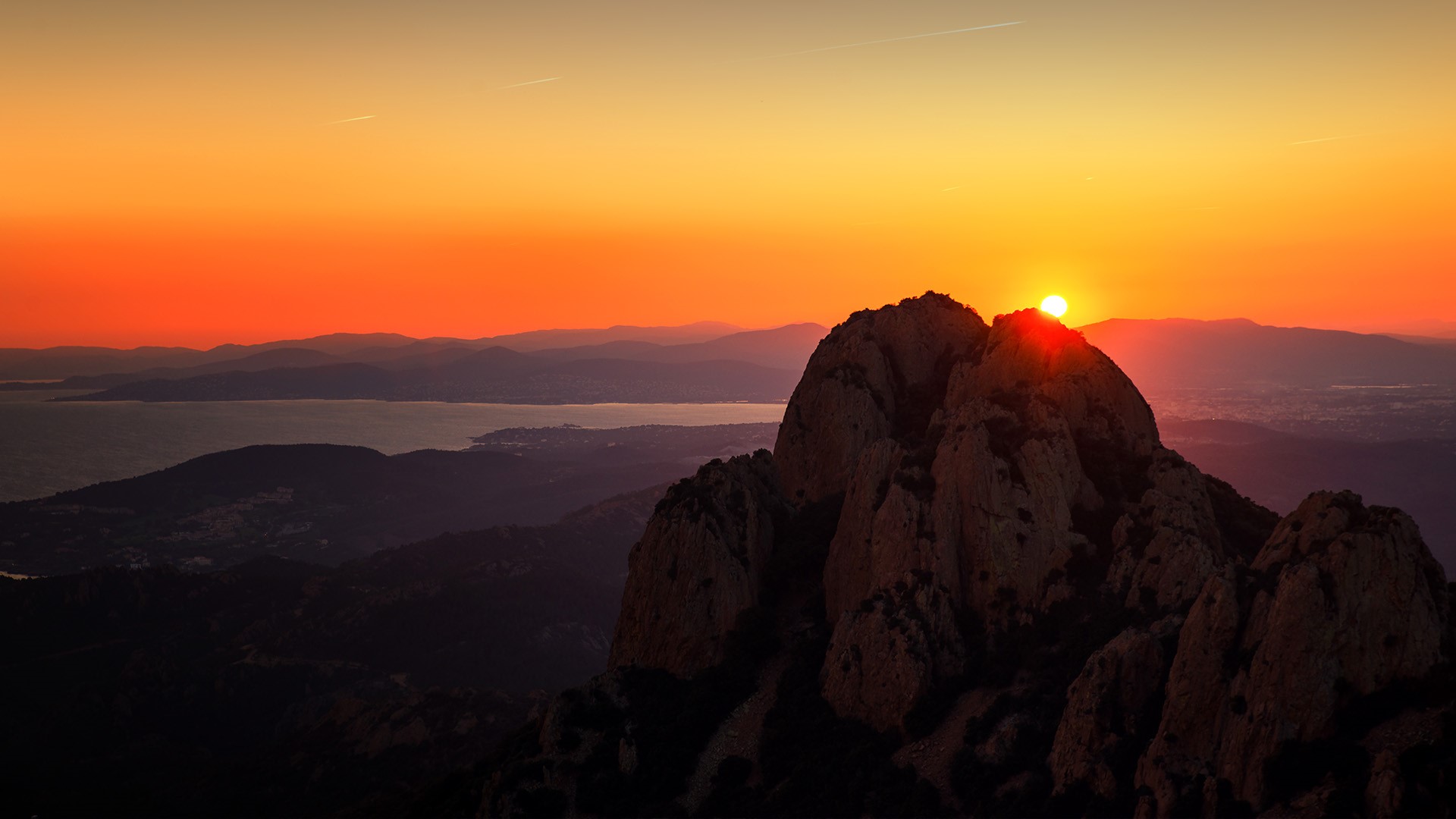 Sunrise over the mountain in the French Riviera, Saint-Raphaël, Corniche de l'Estérel, France