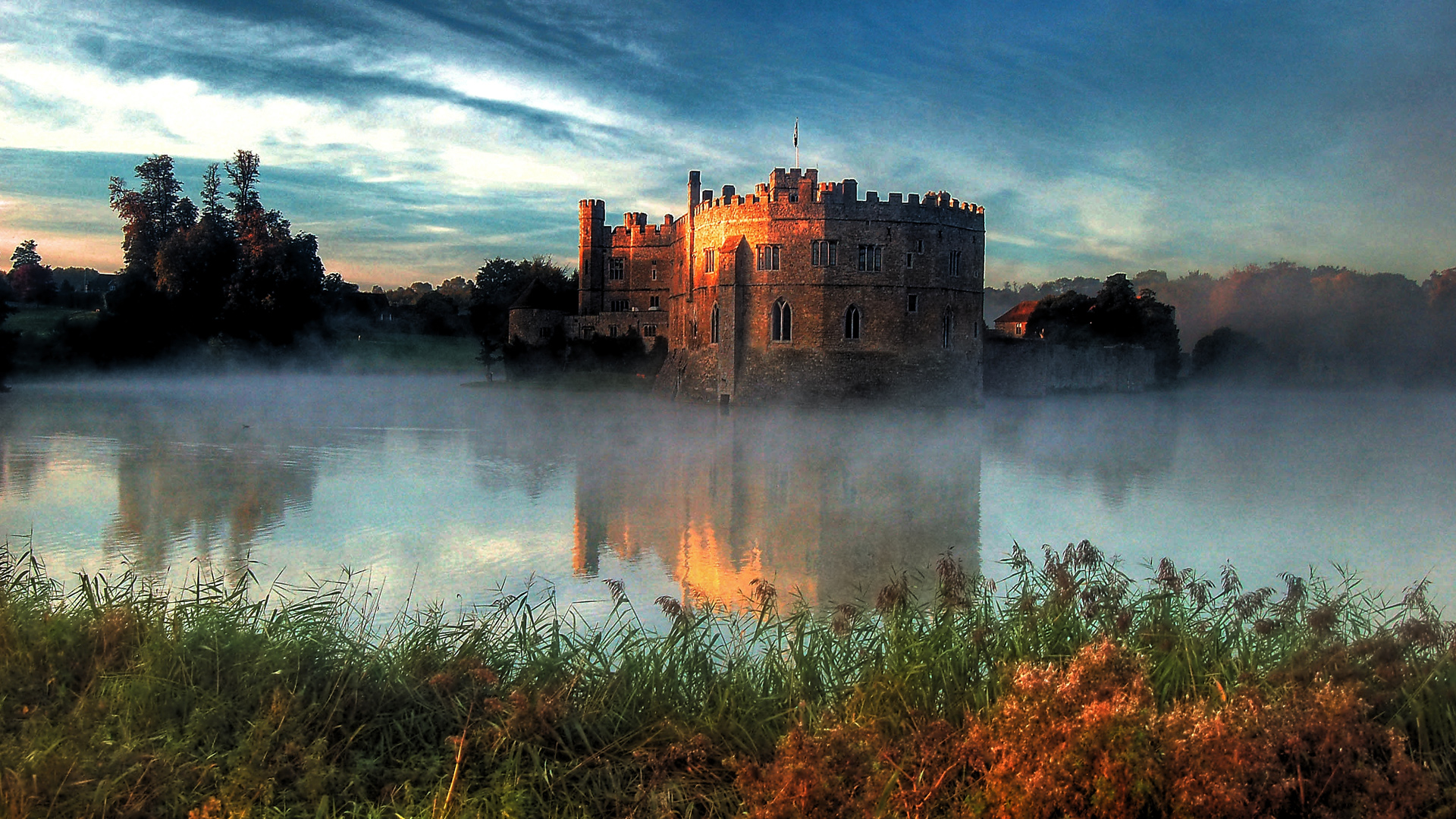 View of Leeds Castle near Maidstone at sunrise, Kent, England, UK