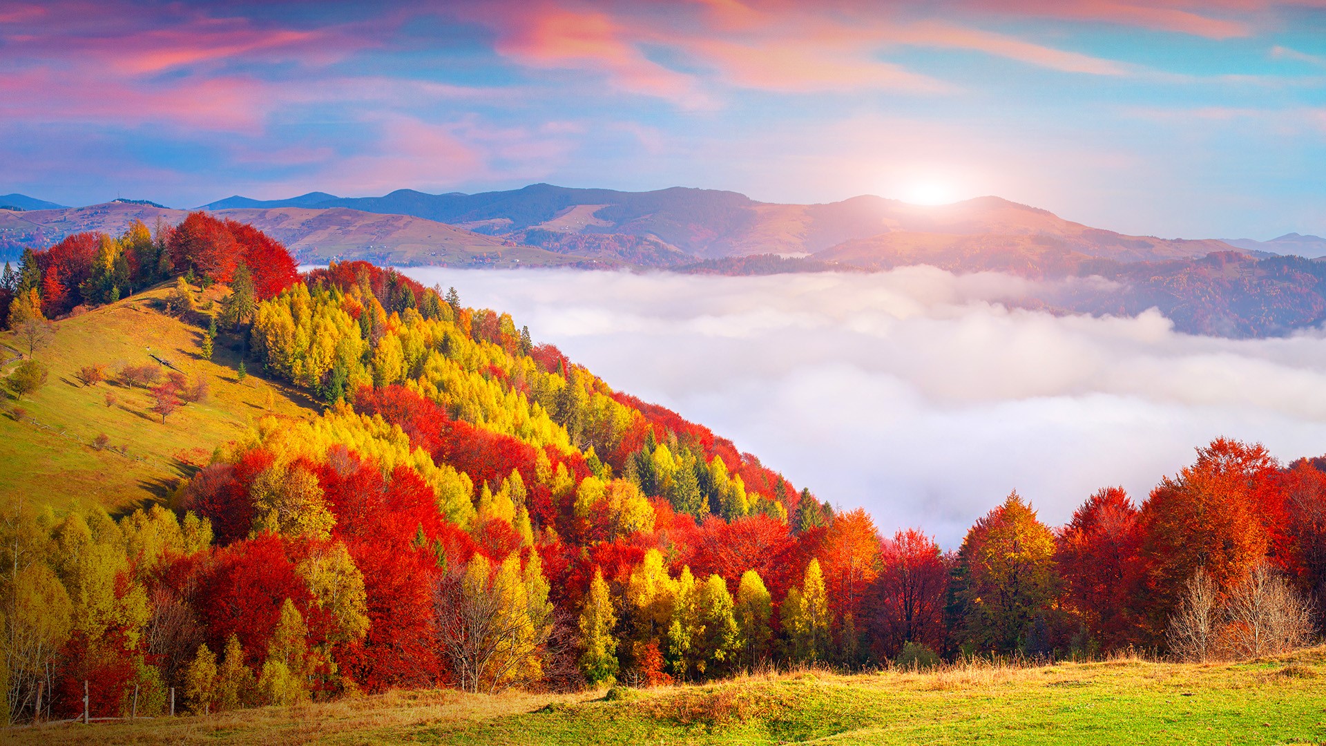 Autumn morning in the Carpathian mountains, Sokilsky ridge, Ukraine