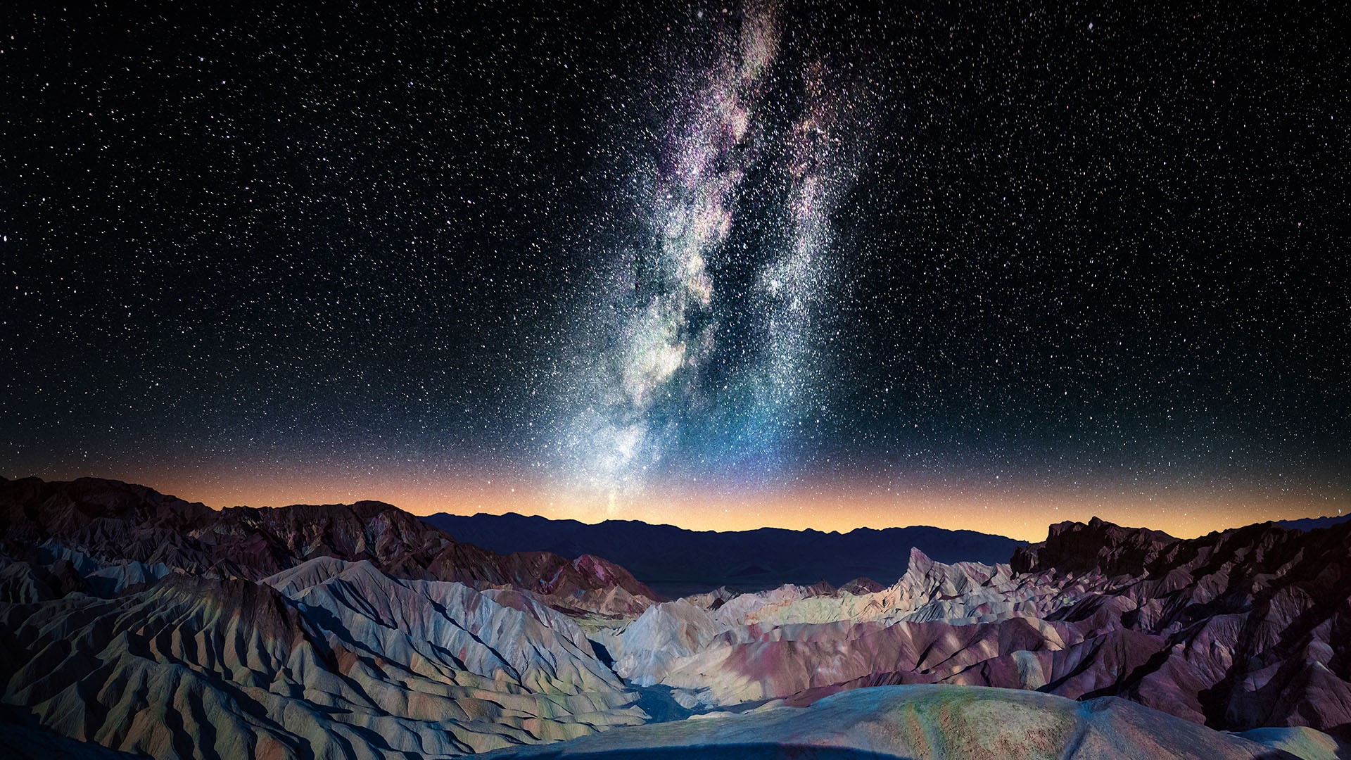 Milky Way over Zabriskie Point with Panamint Range in distance, Mojave Desert, California, USA