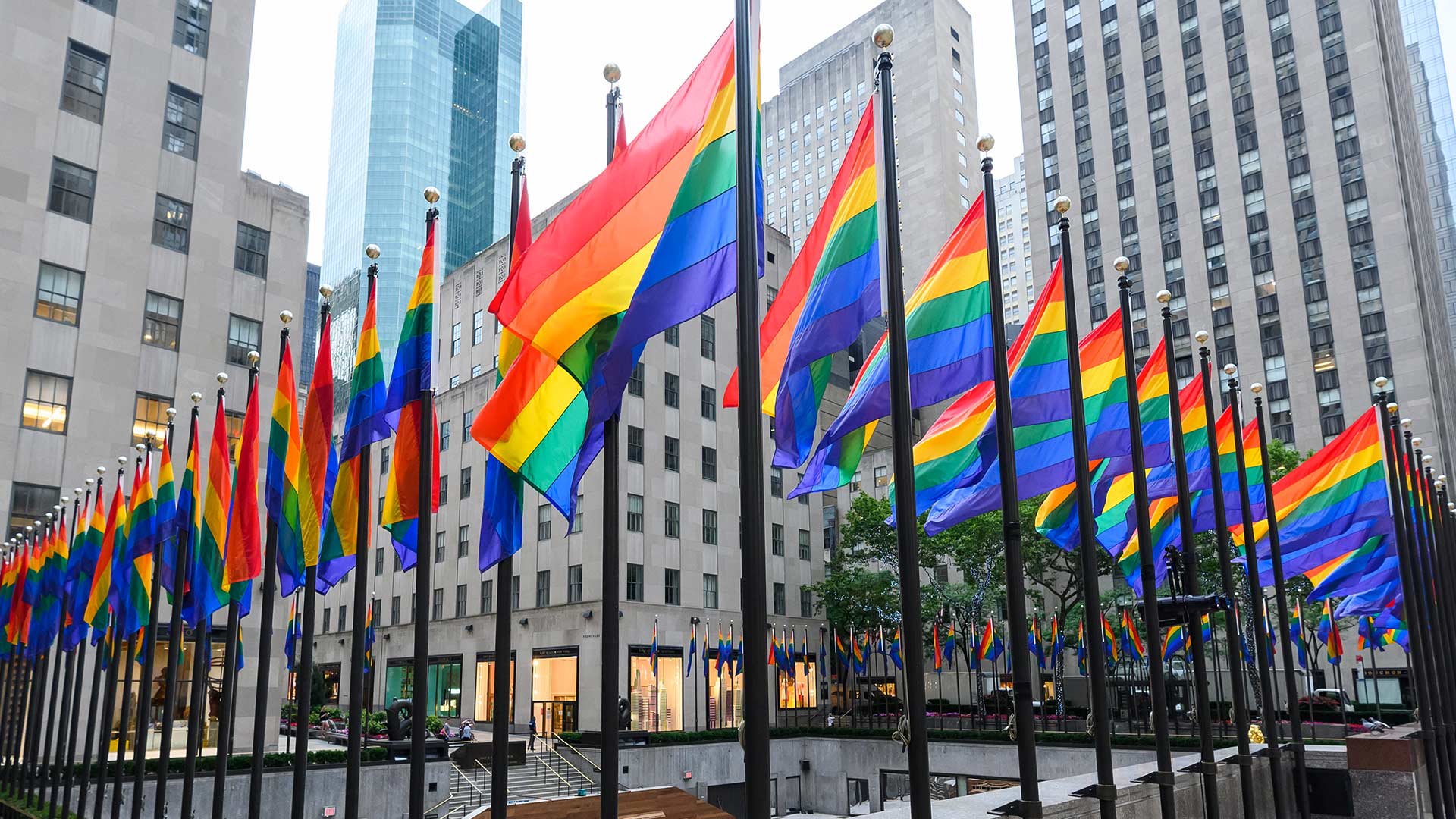 Rainbow flags at Rockefeller Center on June 28, 2020, New York City