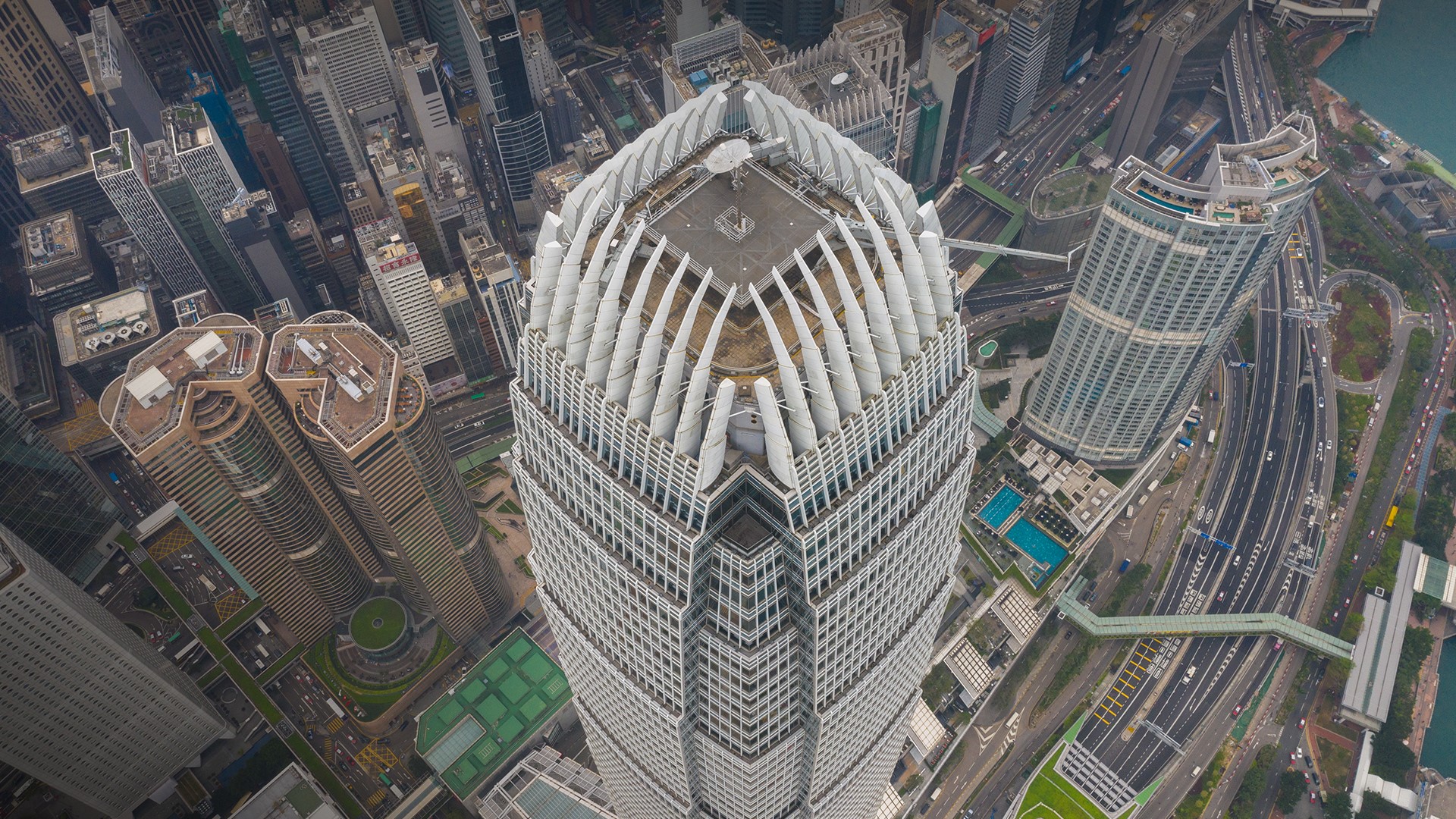 International Finance Centre aerial view at sunset, Hong Kong Island