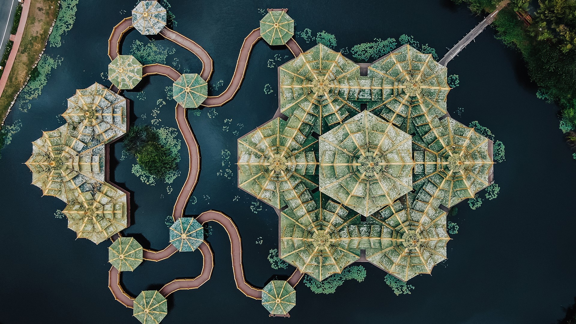 Aerial view of the Pavilion of the Enlightened at Ancient Siam near Bangkok, Thailand