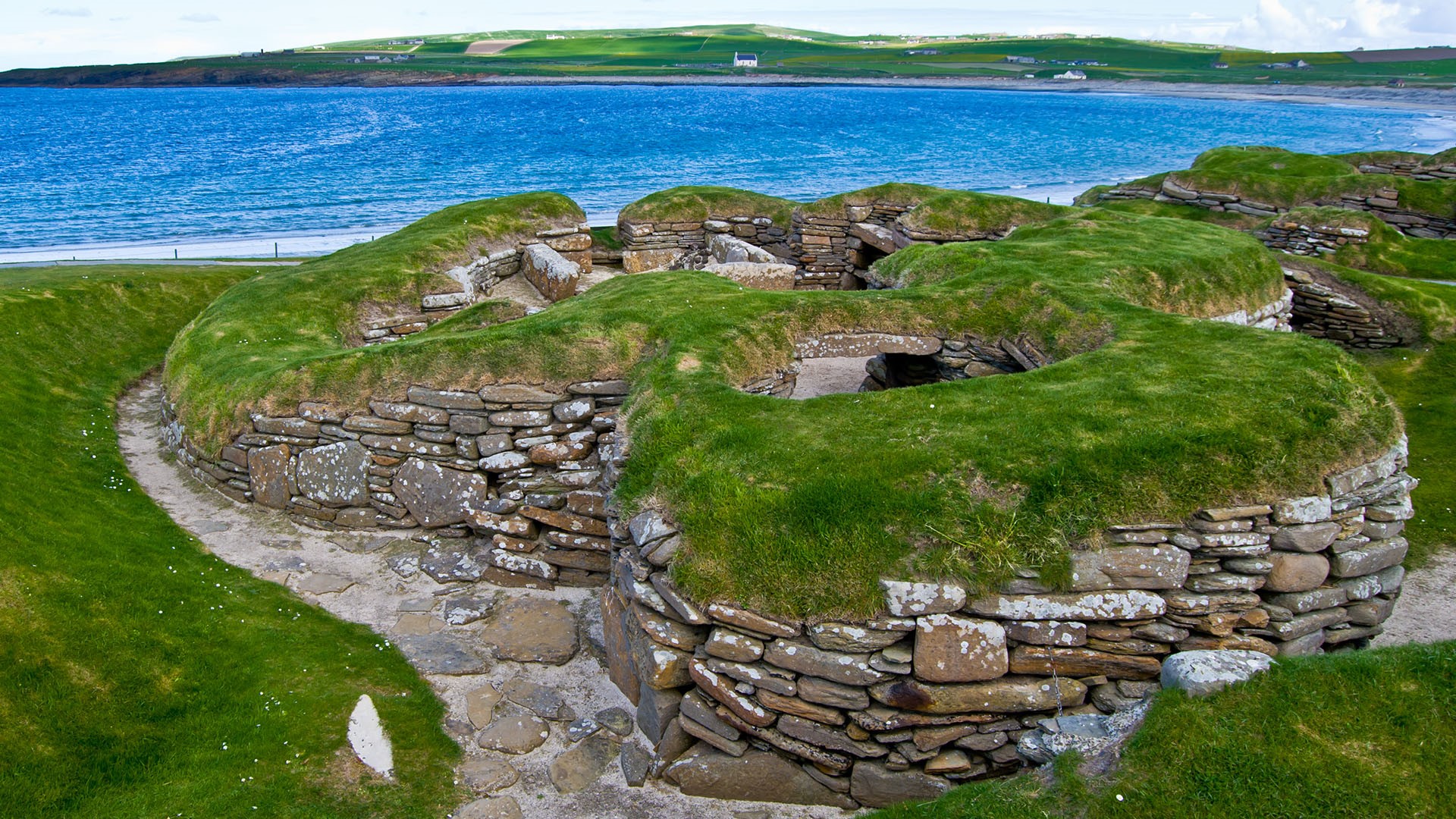 Stone-age settlement Skara Brae in the Bay of Skaill, Orkney Islands, Scotland, UK