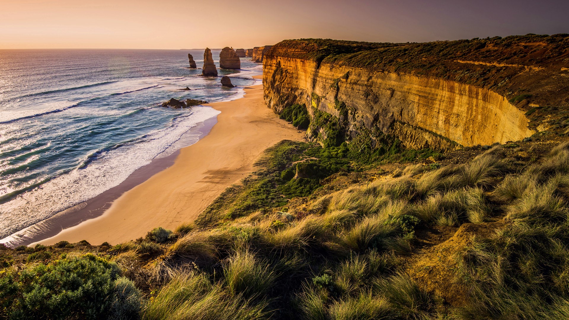Twelve Apostles limestone stacks at sunset, Port Campbell National Park, Victoria, Australia
