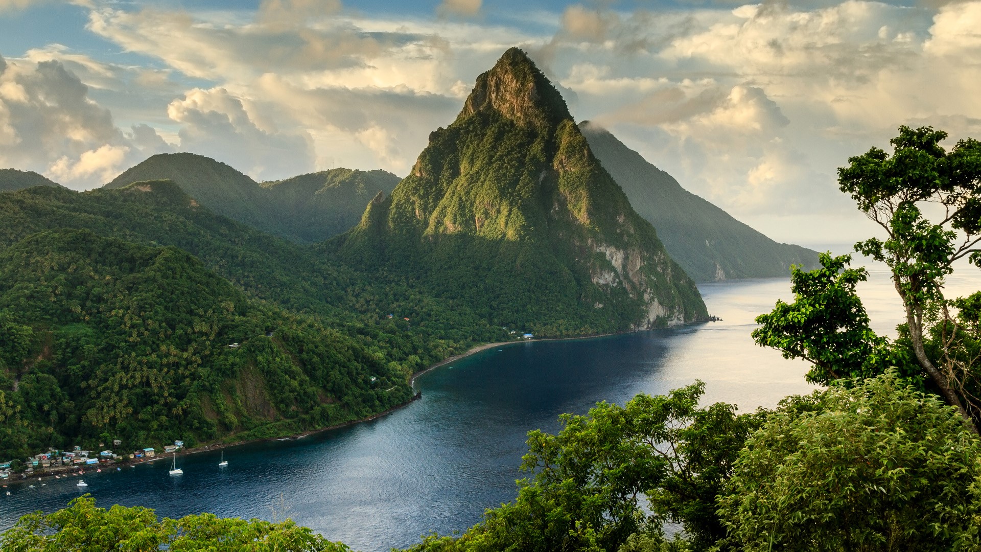 Petit Piton and Gros Piton view from rainforest, Soufrière, Saint Lucia