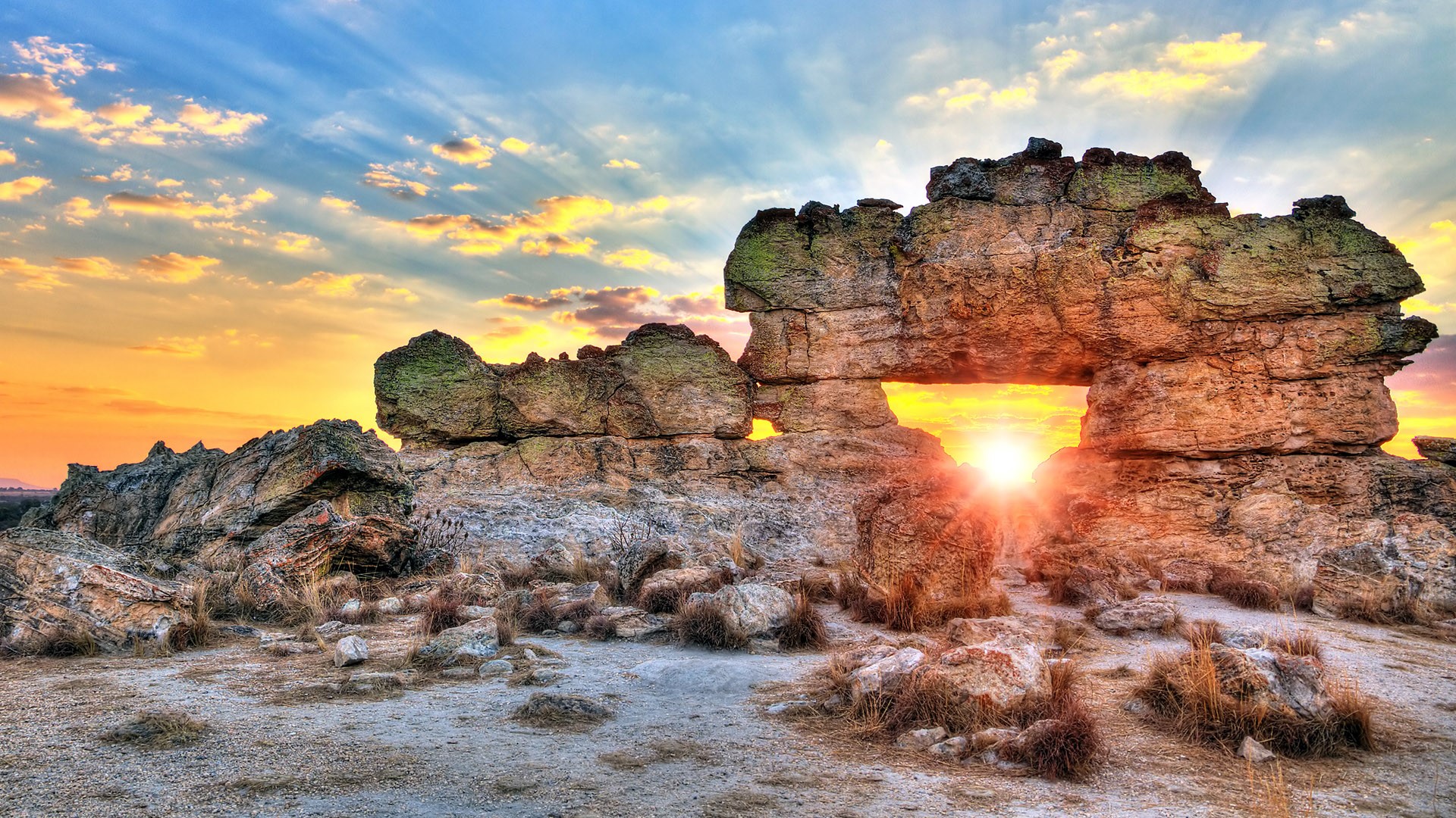 Sunset at the famous rock formation 'La Fenetre' near Isalo, Madagascar