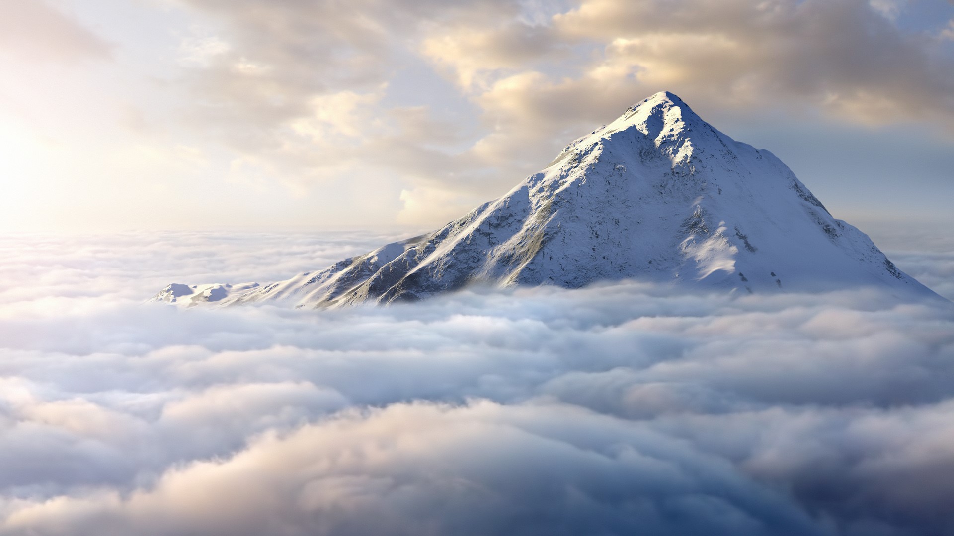 Snow-covered mountaintop above clouds