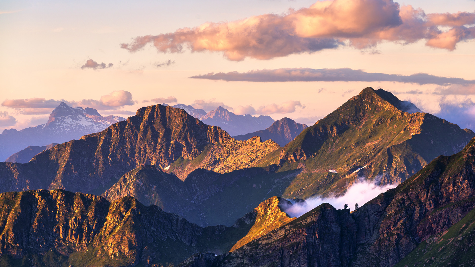 Mountain peaks at sunset, Valgerola, Orobie Alps, Valtellina, Lombardy, Italy