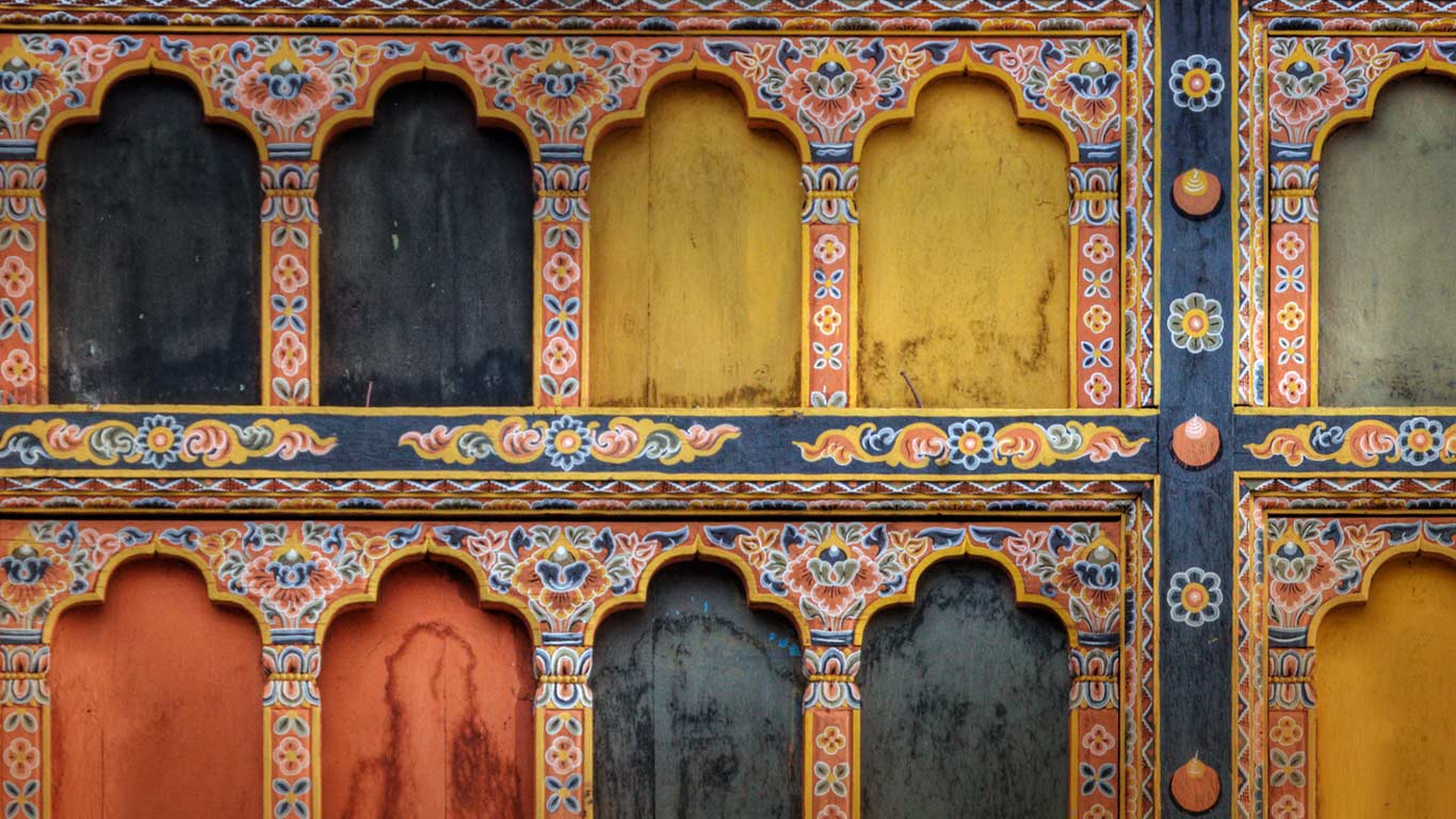 Architectural detail of Rinpung Dzong in Paro, Bhutan