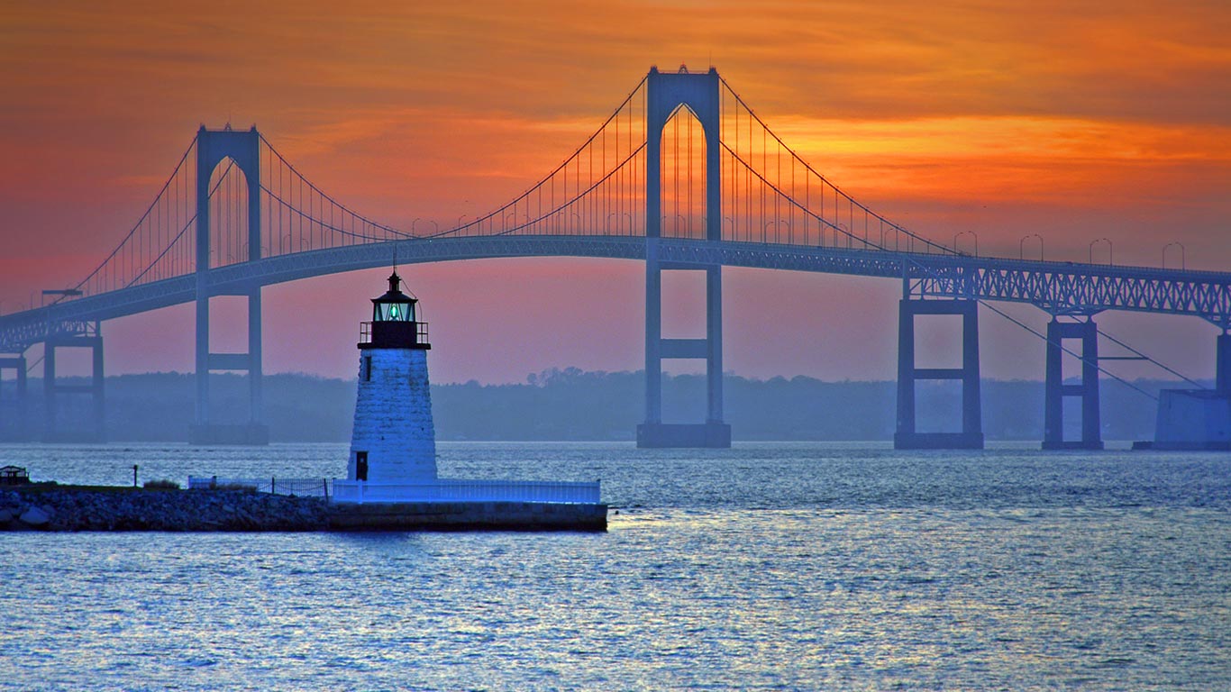 Claiborne Pell Newport Bridge and Newport Harbor Light in Newport, Rhode Island