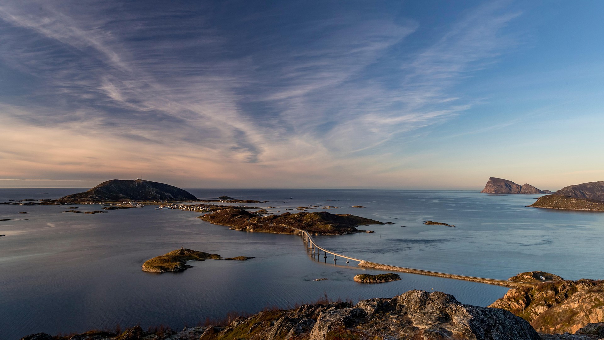 View of famous bridge crossing from Kvaloya Island to Sommarøy Island in autumn, Norway