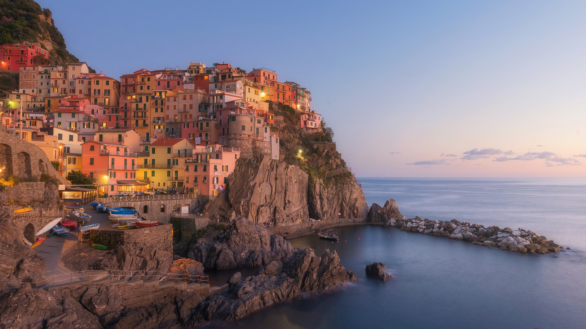 Manarola village at sunset, Cinque Terre, La Spezia district, Italy