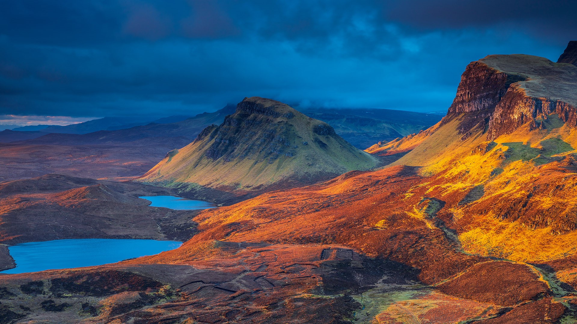 Loch Leum na Luirginn and Loch Cleat seen from the Quiraing, Isle of Skye, Scotland, UK