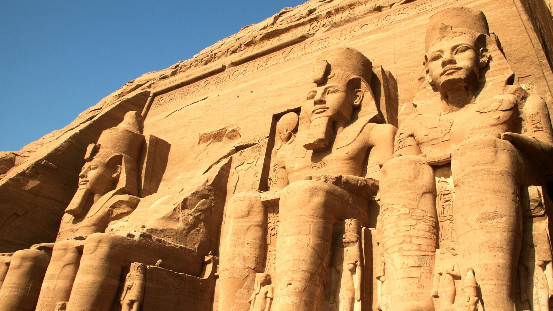 In front of Great Temple of Ramesses II, Abu Simbel temples, Aswan, Nubia, Egypt