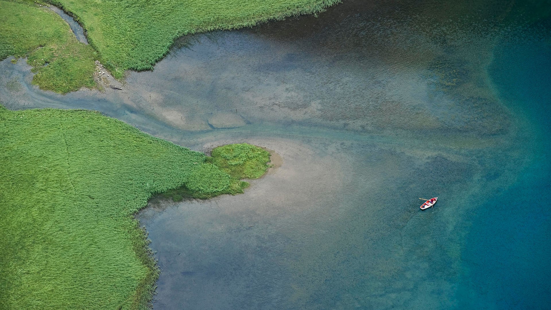 Aerial view of Seealpsee lake, Alpstein, Appenzell, Switzerland