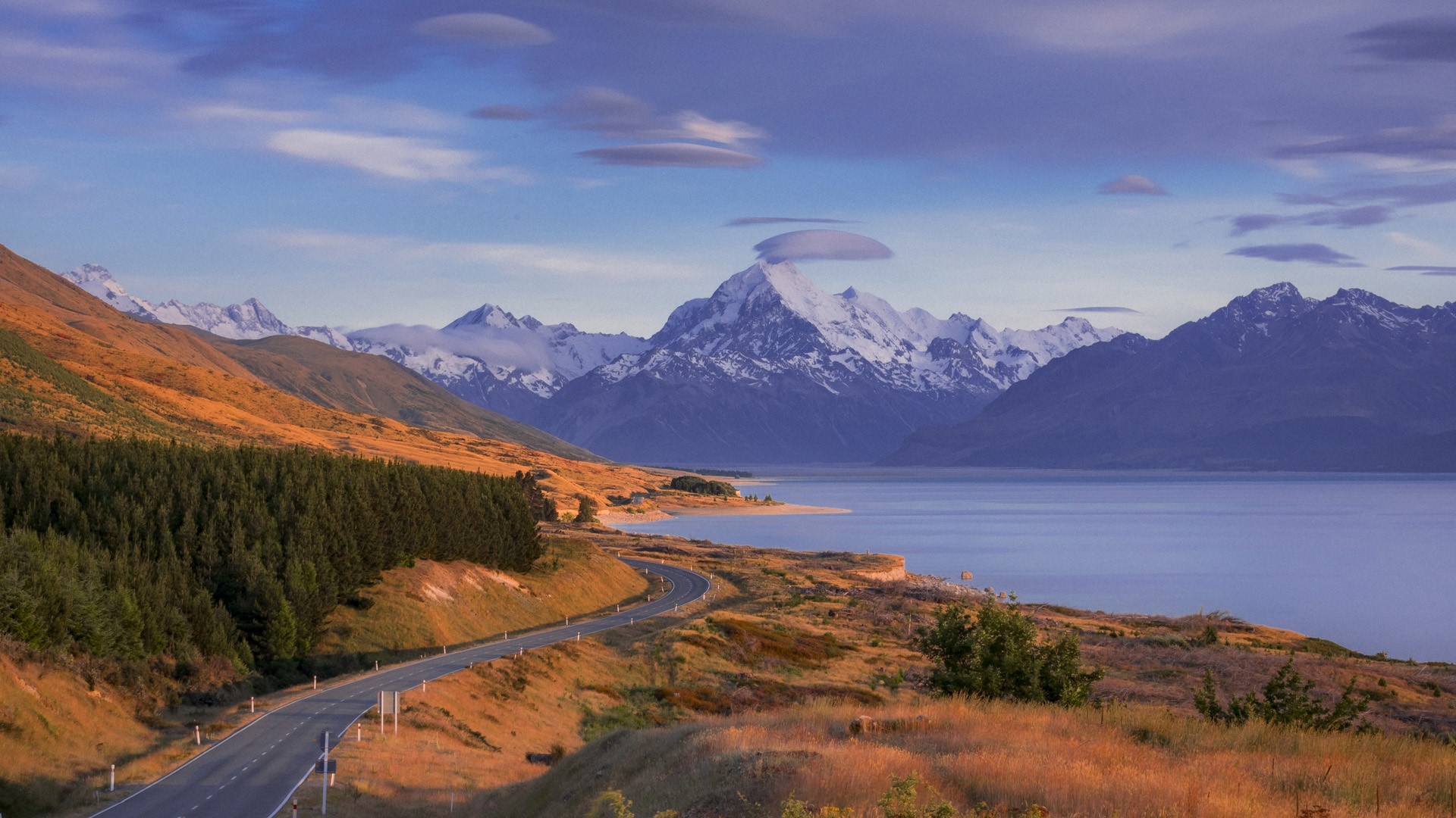 Aerial view of the Lake Pukaki coast in New Zealand South Island at sunset