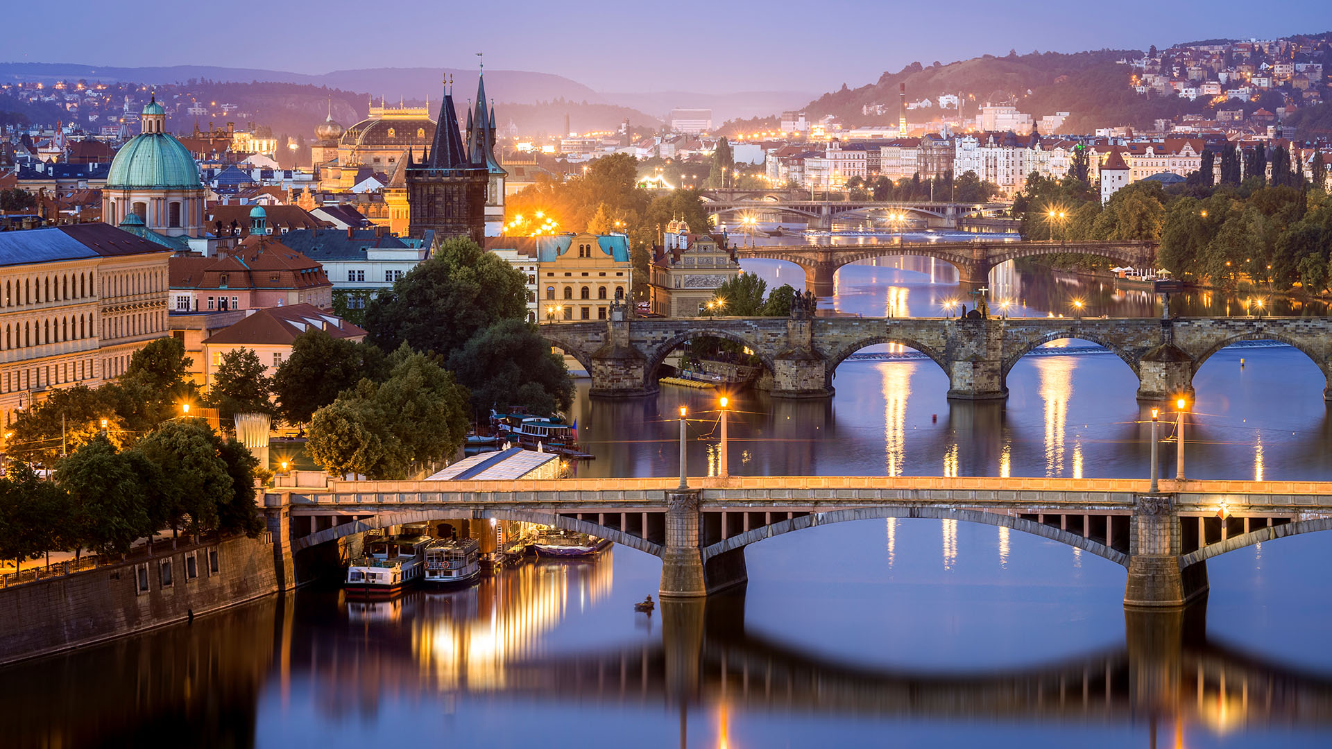 Bridges over Vltava River in an hour before sunrise, Prague, Czech Republic